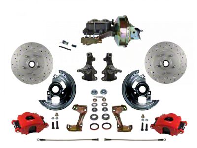LEED Brakes Power Front Disc Brake Conversion Kit with 9-Inch Brake Booster, Side Mount Valve, 2-Inch Drop Spindles and MaxGrip XDS Rotors; Red Calipers (67-69 Camaro w/ 4-Wheel Disc Brakes)