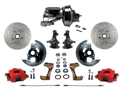 LEED Brakes Power Front Disc Brake Conversion Kit with 9-Inch Chrome Brake Booster, Side Mount Valve, 2-Inch Drop Spindles and MaxGrip XDS Rotors; Red Calipers (67-69 Camaro w/ 4-Wheel Disc Brakes)