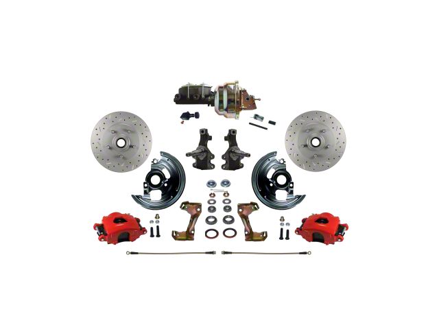 LEED Brakes Power Front Disc Brake Conversion Kit with 8-Inch Brake Booster, Adjustable Valve, 2-Inch Drop Spindles and MaxGrip XDS Rotors; Red Calipers (67-69 Camaro)