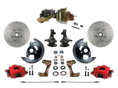LEED Brakes Power Front Disc Brake Conversion Kit with 8-Inch Brake Booster, Side Mount Valve, 2-Inch Drop Spindles and MaxGrip XDS Rotors; Red Calipers (67-69 Camaro w/ 4-Wheel Disc Brakes)