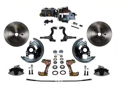 LEED Brakes Power Front Disc Brake Conversion Kit with 8-Inch Chrome Brake Booster, Chrome Top Master Cylinder, Adjustable Valve and Vented Rotors; Zinc Plated Calipers (67-69 Camaro)