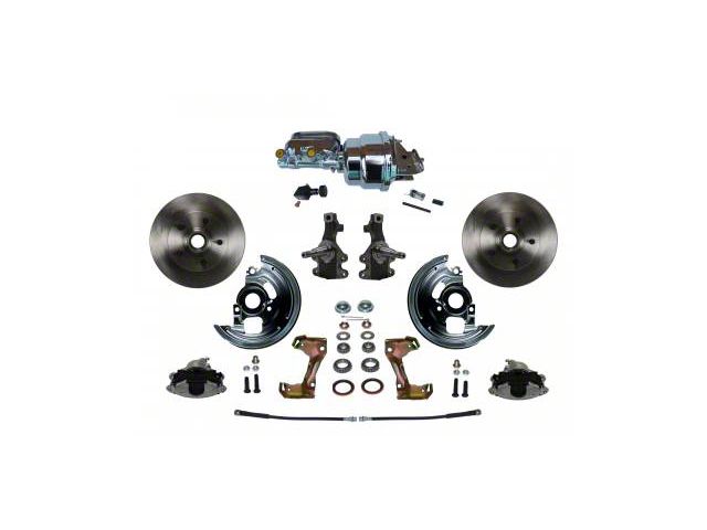 LEED Brakes Power Front Disc Brake Conversion Kit with 7-Inch Chrome Brake Booster, Flat Top Chrome Master Cylinder, Adjustable Valve, 2-Inch Drop Spindles and Vented Rotors; Zinc Plated Calipers (67-69 Camaro)