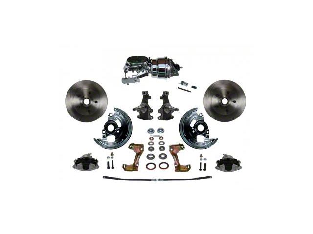 LEED Brakes Power Front Disc Brake Conversion Kit with 7-Inch Chrome Brake Booster, Flat Top Chrome Master Cylinder, Side Mount Valve, 2-Inch Drop Spindles and Vented Rotors; Zinc Plated Calipers (67-69 Camaro w/ 4-Wheel Disc Brakes)