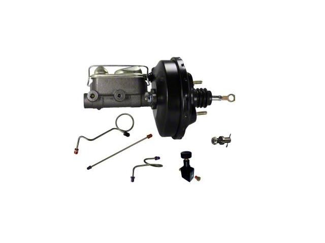 LEED Brakes 9-Inch Slimline Single Power Brake Booster with 1-Inch Dual Bore Master Cylinder, Adjustable Valve and Lines; Black Finish (71-73 Mustang)