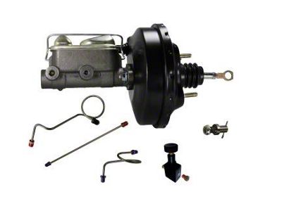 LEED Brakes 9-Inch Slimline Single Power Brake Booster with 1-Inch Dual Bore Master Cylinder, Adjustable Valve and Lines; Black Finish (71-73 Mustang)