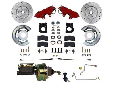 LEED Brakes Power Front Disc Brake Conversion Kit with MaxGrip XDS Rotors; Red Calipers (64-66 V8 Mustang w/ Manual Transmission & Front Drum Brakes)
