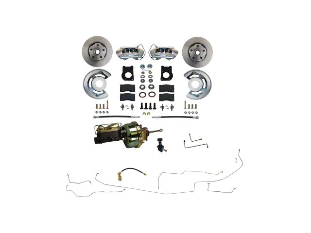 LEED Brakes Power Front Disc Brake Conversion Kit with Vented Rotors and Pre-Bent Brake Line Kit; Zinc Plated Calipers (64-66 V8 Mustang w/ Automatic Transmission & Front Drum Brakes)