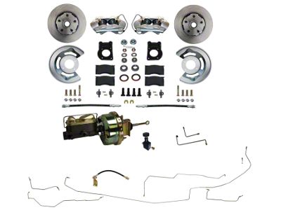 LEED Brakes Power Front Disc Brake Conversion Kit with Vented Rotors and Pre-Bent Brake Line Kit; Zinc Plated Calipers (64-66 V8 Mustang w/ Automatic Transmission & Front Drum Brakes)