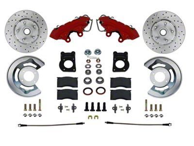 LEED Brakes Front Spindle Mount Disc Brake Conversion Kit and MaxGrip XDS Rotors; Red Calipers (64-69 V8 Mustang w/ Front Drum Brakes)