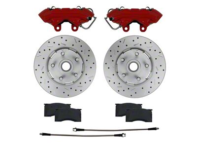 LEED Brakes MaxGrip XDS Brake Rotor, Pad and 4-Piston Caliper Kit; Front; Red Calipers (64-67 V8 Mustang w/ Front Disc Brakes & 5-Lug)