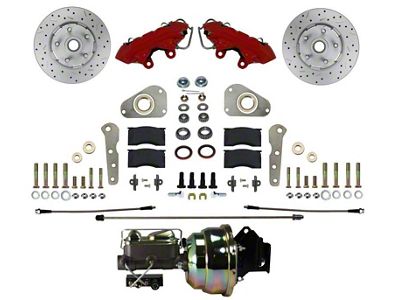 LEED Brakes 4-Piston Power Front Disc Brake Conversion Kit with MaxGrip XDS Rotors for Factory Manual Brakes and Y Blocks; Red Calipers (57-59 Ranchero)