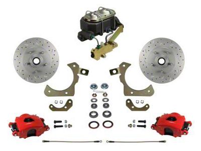 LEED Brakes Manual Front Disc Brake Conversion Kit with Side Mount Valve and MaxGrip XDS Rotors; Red Calipers (55-57 150, 210, Bel Air, Nomad w/ Front Disc & Rear Drum Brakes)