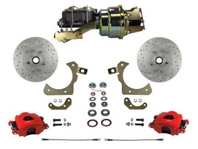 LEED Brakes Power Front Disc Brake Conversion Kit with Side Mount Valve and MaxGrip XDS Rotors; Red Calipers (55-57 150, 210, Bel Air, Nomad w/ Front Disc & Rear Drum Brakes)