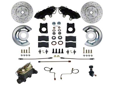 LEED Brakes 4-Piston Manual Front Disc Brake Conversion Kit with Master Cylinder, Adjustable Valve and MaxGrip XDS Rotors; Black Calipers (67-69 Mustang w/ Front Drum Brakes & 5-Lug)