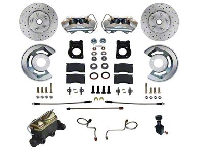 LEED Brakes 4-Piston Manual Front Disc Brake Conversion Kit with Master Cylinder, Adjustable Valve and MaxGrip XDS Rotors; Zinc Plated Calipers (67-69 Mustang w/ Front Drum Brakes & 5-Lug)