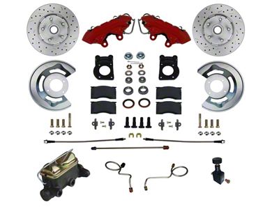 LEED Brakes 4-Piston Manual Front Disc Brake Conversion Kit with Master Cylinder, Adjustable Valve and MaxGrip XDS Rotors; Red Calipers (67-69 Mustang w/ Front Drum Brakes & 5-Lug)