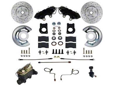 LEED Brakes Manual Front Disc Brake Conversion Kit with Master Cylinder, Adjustable Valve and MaxGrip XDS Rotors; Black Calipers (1970 Mustang w/ Front Drum Brakes)