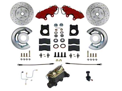 LEED Brakes Manual Front Disc Brake Conversion Kit with Master Cylinder and MaxGrip XDS Rotors; Red Calipers (64-66 V8 Mustang w/ 5-Lug)