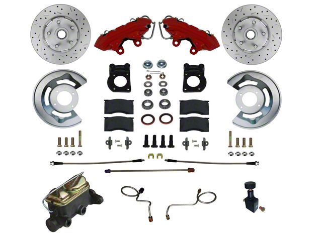 LEED Brakes Manual Front Disc Brake Conversion Kit with Master Cylinder, Adjustable Valve and MaxGrip XDS Rotors; Red Calipers (1970 Mustang w/ Front Drum Brakes)