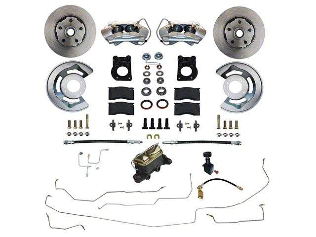 LEED Brakes Manual Front Disc Brake Conversion Kit with Master Cylinder, Vented Rotors and Pre-Bent Brake Line Kit; Zinc Plated Calipers (64-66 V8 Mustang w/ 5-Lug)
