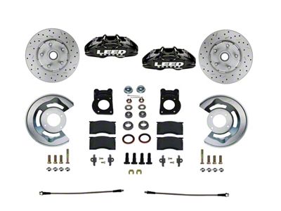 LEED Brakes MaxGrip Lite 4-Piston Front Spindle Mount Disc Brake Conversion Kit with MaxGrip XDS Rotors; Black Calipers (64-69 V8 Mustang w/ Front Drum Brakes)