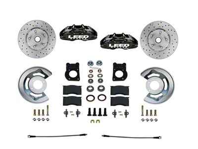 LEED Brakes MaxGrip Lite 4-Piston Front Spindle Mount Disc Brake Conversion Kit with MaxGrip XDS Rotors; Black Calipers (70-73 Mustang w/ Front Drum Brakes & 5-Lug)