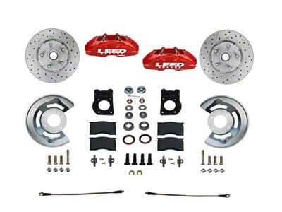 LEED Brakes MaxGrip Lite 4-Piston Front Spindle Mount Disc Brake Conversion Kit with MaxGrip XDS Rotors; Red Calipers (64-69 V8 Mustang w/ Front Drum Brakes)