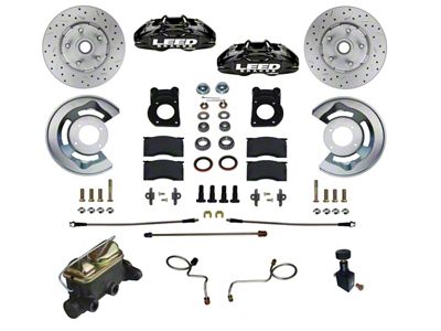 LEED Brakes MaxGrip Lite 4-Piston Manual Front Disc Brake Conversion Kit with MaxGrip XDS Rotors; Black Calipers (67-69 Mustang w/ Front Drum Brakes & 5-Lug)