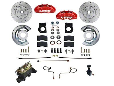 LEED Brakes MaxGrip Lite 4-Piston Manual Front Disc Brake Conversion Kit with MaxGrip XDS Rotors; Red Calipers (67-69 Mustang w/ Front Drum Brakes & 5-Lug)