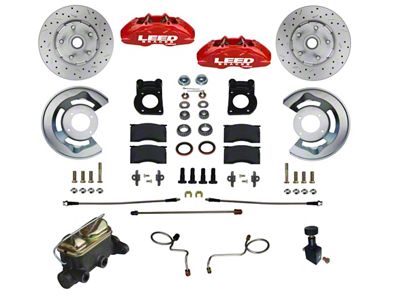 LEED Brakes MaxGrip Lite 4-Piston Manual Front Disc Brake Conversion Kit with MaxGrip XDS Rotors; Red Calipers (1970 Mustang w/ Front Drum Brakes & 5-Lug)