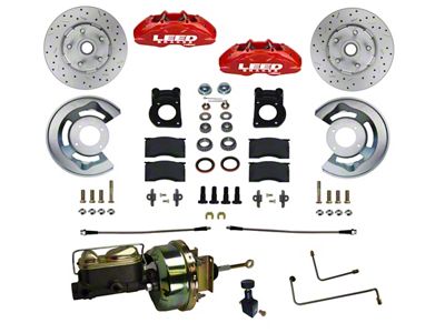 LEED Brakes MaxGrip Lite 4-Piston Power Front Disc Brake Conversion Kit with MaxGrip XDS Rotors; Red Calipers (64-66 V8 Mustang w/ Automatic Transmission & 5-Lug)