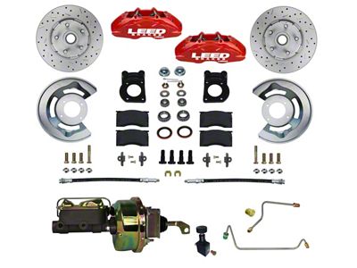 LEED Brakes MaxGrip Lite 4-Piston Power Front Disc Brake Conversion Kit with MaxGrip XDS Rotors; Red Calipers (64-66 V8 Mustang w/ Manual Transmission & 5-Lug)