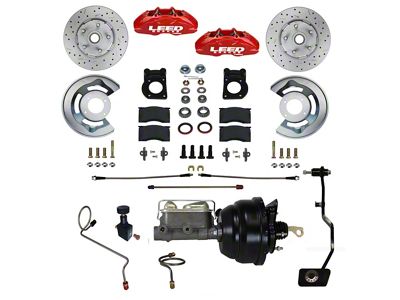 LEED Brakes MaxGrip Lite 4-Piston Power Front Disc Brake Conversion Kit with MaxGrip XDS Rotors; Red Calipers (67-69 Mustang w/ Manual Transmission & 5-Lug)
