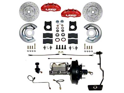 LEED Brakes MaxGrip Lite 4-Piston Power Front Disc Brake Conversion Kit with MaxGrip XDS Rotors; Red Calipers (1970 Mustang w/ Automatic Transmission & Front Drum Brakes)