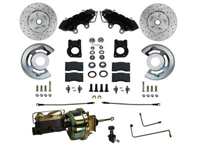 LEED Brakes Power Front Disc Brake Conversion Kit with 7-Inch Brake Booster, Master Cylinder and MaxGrip XDS Rotors; Black Calipers (64-66 Mustang w/ Automatic Transmission & 5-Lug)