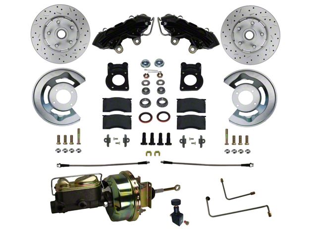 LEED Brakes Power Front Disc Brake Conversion Kit with 7-Inch Brake Booster, Master Cylinder and MaxGrip XDS Rotors; Black Calipers (64-66 Mustang w/ Automatic Transmission & 5-Lug)