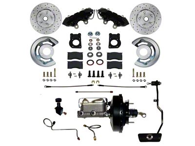 LEED Brakes Power Front Disc Brake Conversion Kit with 9-Inch Brake Booster, Master Cylinder, Brake Pedal and MaxGrip XDS Rotors; Black Calipers (67-69 Mustang w/ Automatic Transmission & 5-Lug)