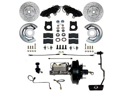 LEED Brakes Power Front Disc Brake Conversion Kit with 9-Inch Brake Booster, Master Cylinder, Brake Pedal and MaxGrip XDS Rotors; Black Calipers (1970 Mustang w/ Automatic Transmission & Front Drum Brakes)