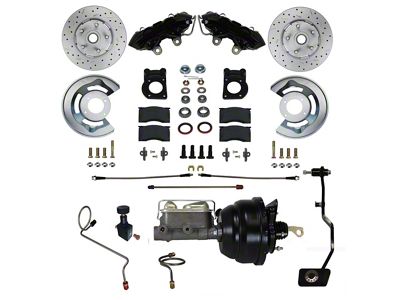 LEED Brakes Power Front Disc Brake Conversion Kit with 8-Inch Brake Booster, Master Cylinder, Brake Pedal and MaxGrip XDS Rotors; Black Calipers (1970 Mustang w/ Manual Transmission & Front Drum Brakes)