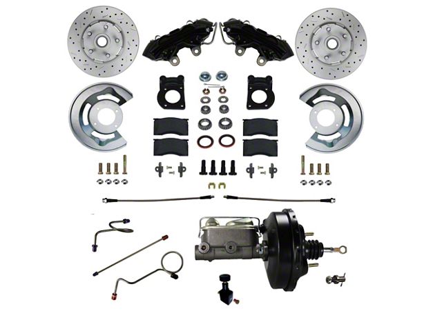 LEED Brakes Power Front Disc Brake Conversion Kit with Brake Booster, Master Cylinder, Adjustable Valve and MaxGrip XDS Rotors; Black Calipers (71-73 Mustang w/ Front Drum Brakes)