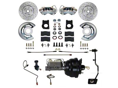 LEED Brakes Power Front Disc Brake Conversion Kit with 8-Inch Brake Booster, Master Cylinder, Brake Pedal and MaxGrip XDS Rotors; Zinc Plated Calipers (67-69 Mustang w/ Manual Transmission & 5-Lug)