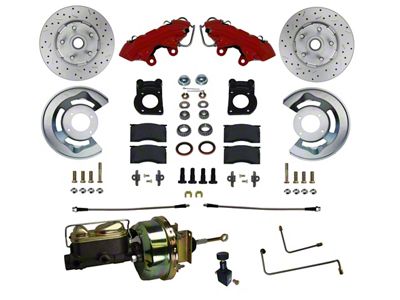 LEED Brakes Power Front Disc Brake Conversion Kit with 7-Inch Brake Booster, Master Cylinder and MaxGrip XDS Rotors; Red Calipers (64-66 Mustang w/ Automatic Transmission & 5-Lug)