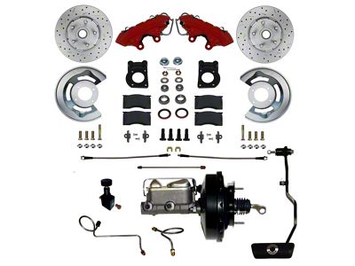 LEED Brakes Power Front Disc Brake Conversion Kit with 9-Inch Brake Booster, Master Cylinder, Brake Pedal and MaxGrip XDS Rotors; Red Calipers (67-69 Mustang w/ Automatic Transmission & 5-Lug)