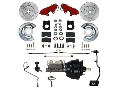 LEED Brakes Power Front Disc Brake Conversion Kit with 8-Inch Brake Booster, Master Cylinder, Brake Pedal and MaxGrip XDS Rotors; Red Calipers (67-69 Mustang w/ Manual Transmission & 5-Lug)
