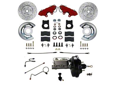 LEED Brakes Power Front Disc Brake Conversion Kit with Brake Booster, Master Cylinder, Adjustable Valve and MaxGrip XDS Rotors; Red Calipers (71-73 Mustang w/ Front Drum Brakes)