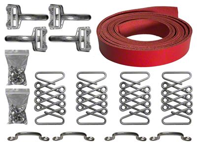 LimeWorks Vintage Hot Rod Hood Strap Stainless Steel Kit; Red Leather (09-27 Model T, Model TT)