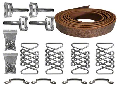 LimeWorks Vintage Hot Rod Hood Strap Stainless Steel Kit; Rustic Leather (09-27 Model T, Model TT)