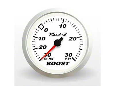 Marshall Instruments SCX White Dial 2-1/16-Inch Vacuum/Boost Gauge; 0-30 PSI; Silver Aluminum Bezel (Universal; Some Adaptation May Be Required)
