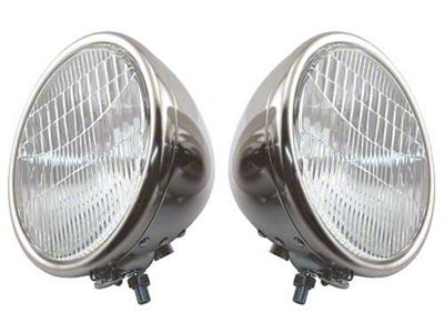 Model A Ford Headlights - Complete - Stainless Steel - 1 Bulb Type - Ford Script - 6 Volt