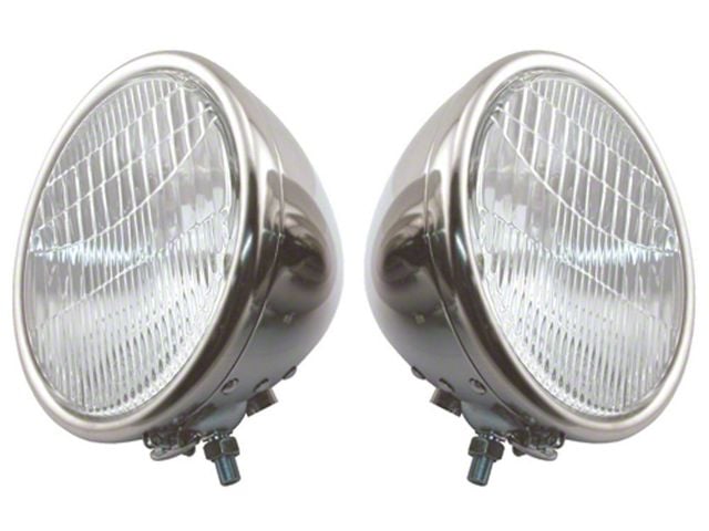 Model A Ford Headlights - Complete - Stainless Steel - 2 Bulb Type - Ford Script - 6 Volt